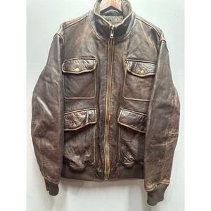 Orvis Mens Distressed Leather Bush Pilot Bomber Jacket Large Brown
